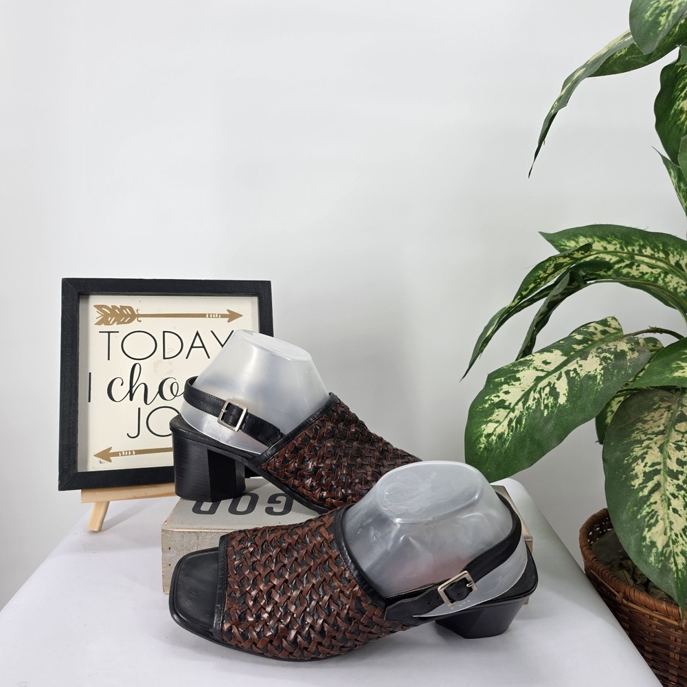 Cole Haan Sandal Woven Leather Mule Slingback Heel Shoe Vintage 90s Preppy 10 B